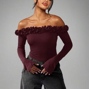 Off-Shoulder Burgundy Top with Ruffle Detail